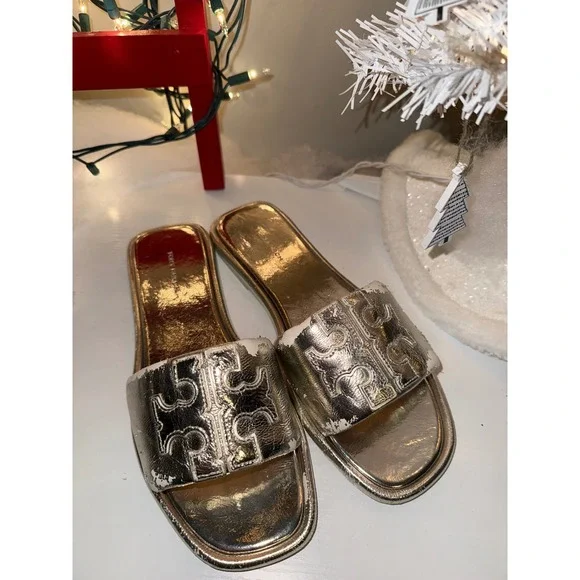 Tory Burch Miller Metal Logo Slides Gold Metallic Leather Sandals Women Size 8 - Picture 2 of 9